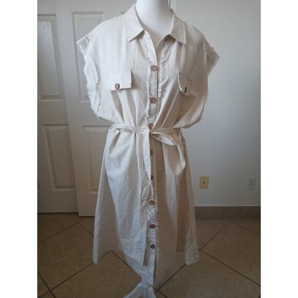 Mlle Gabrille Women's Button Front Shirt Dress Size 2X Cream Belt Collared Boho - Picture 2 of 16